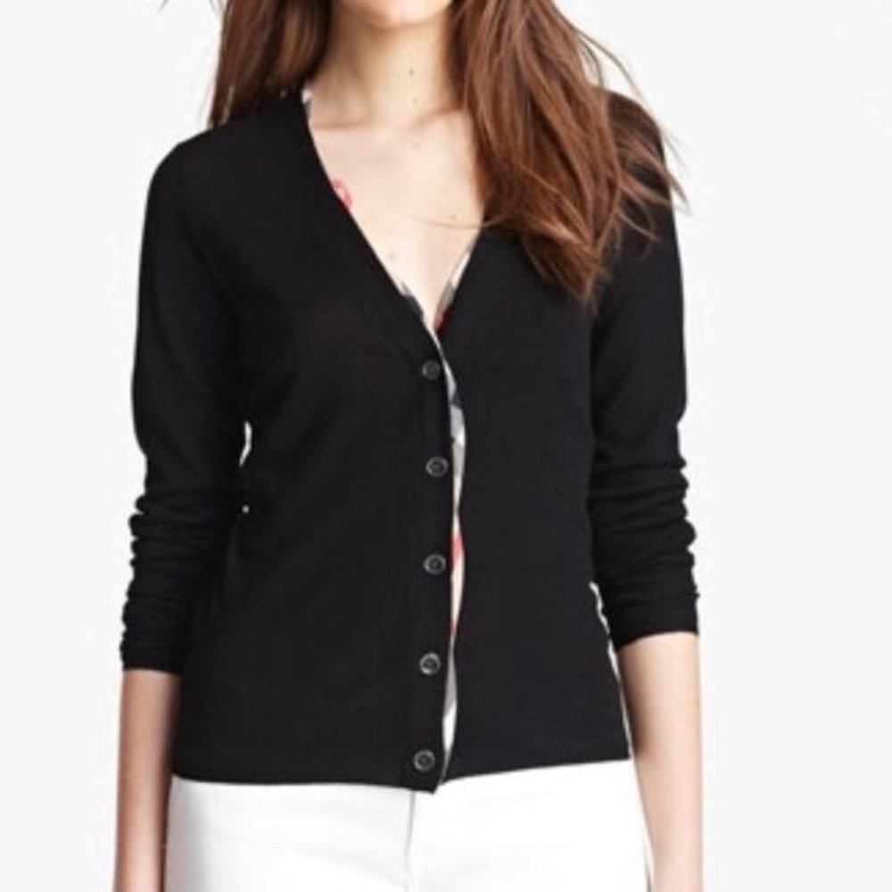 Burberry Checked-Trim Nova Merino Wool Cardigan Black Size Small